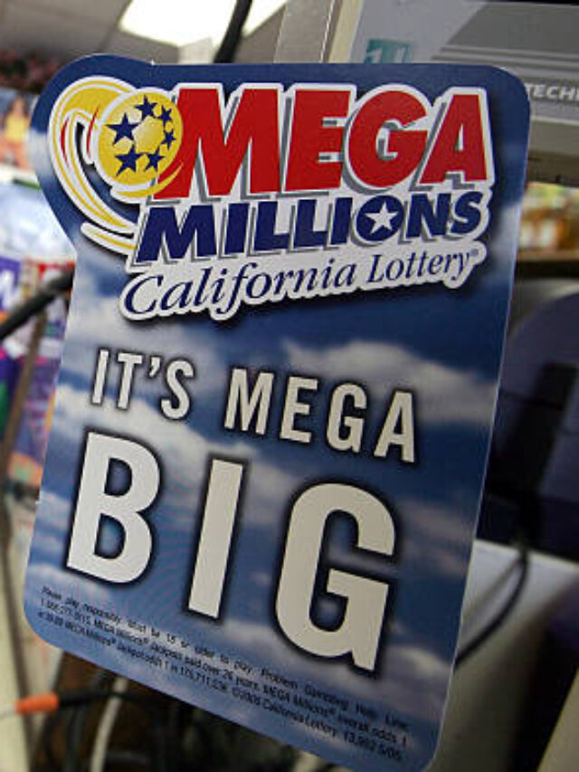 The Mega Millions logo with a screen displaying the $1.58 billion jackpot total
